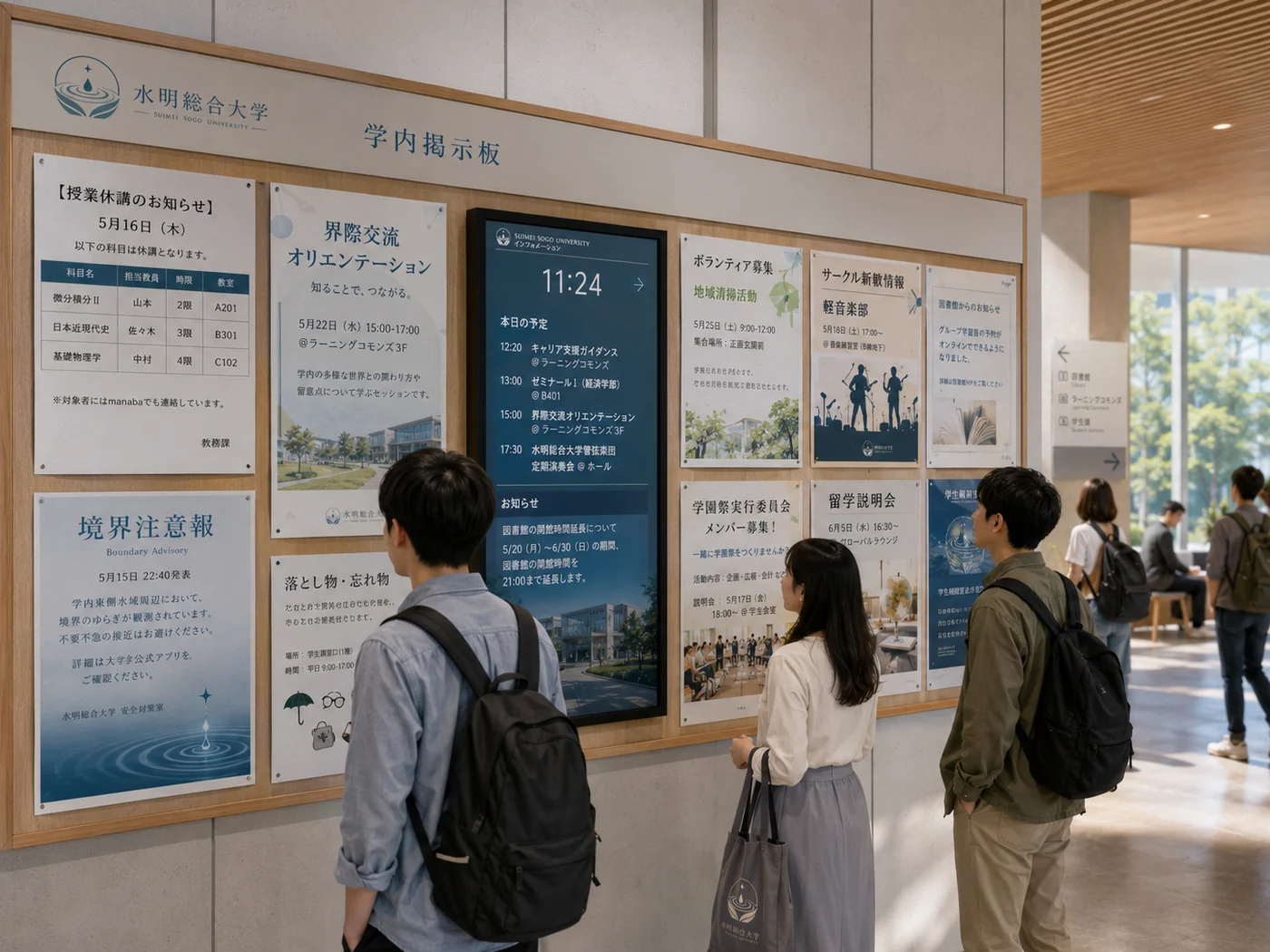 学内掲示板を読む学生