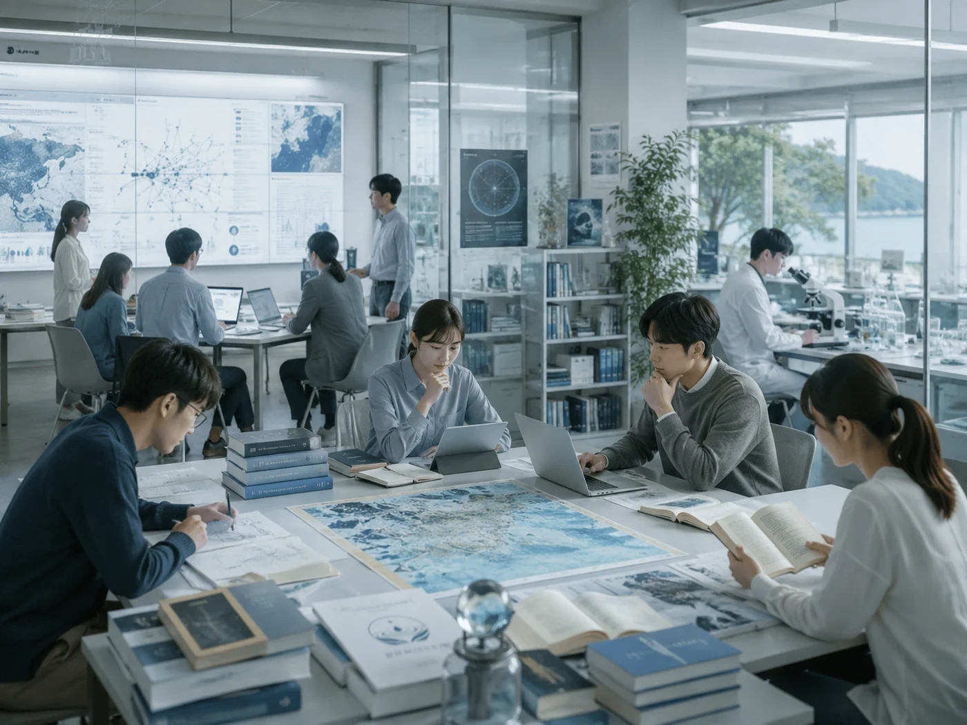 水明総合大学の研究室で学ぶ学生と研究者